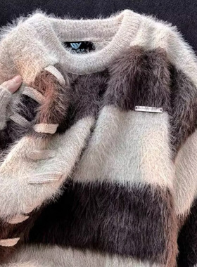 秋冬条纹圆领水貂绒毛衣男女ins潮日系复古慵懒学院风情侣针织衫