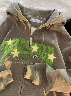 美式灯芯绒vintage加绒加厚灯芯绒开衫外套宽松ins潮牌连帽男卫衣