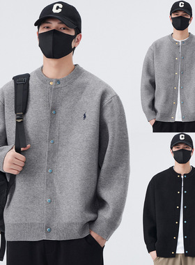 秋冬新款刺绣开衫针织衫毛衣男外套老钱风绿松石纽扣外贸跨境批发