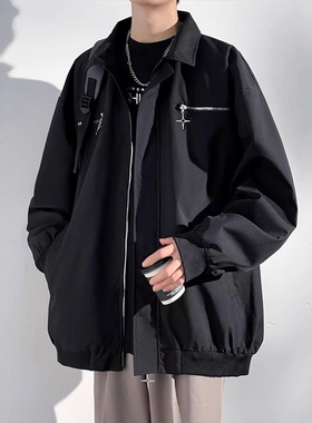 春秋季夹克男美式潮流翻领休闲外套宽松百搭痞帅韩版设计感上衣服