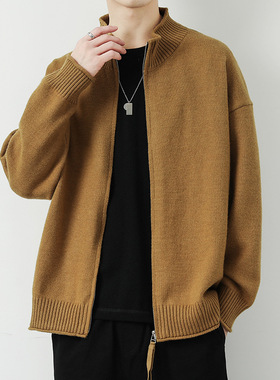 秋冬新款立领开衫男纯色加厚保暖长袖潮休闲慵懒风针织男士毛衣