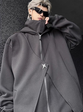 美式i人社恐开衫卫衣男款秋冬季高领假两件重磅高街连帽拉链外套
