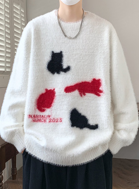 秋冬款圆领套头仿貂绒休闲毛衣男青少年中学生加厚宽松保暖针织衫