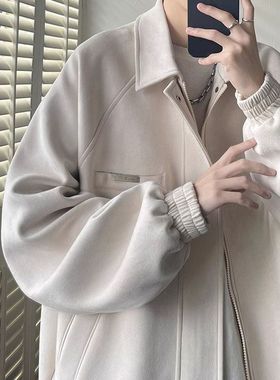 麂皮绒外套男生秋冬季感痞帅炸街潮牌青少年宽松休闲翻领夹克