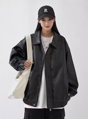 秋季新款PU皮纯色嘻哈外套上衣ins美式复古机车风皮夹克男女帅气