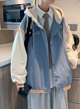 假两件夹克男士春秋季ins韩版休闲棒球服港风宽松百搭连帽上衣服
