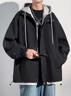 假两件外套男生春秋季新款休闲宽松ins连帽夹克潮牌冲锋衣情侣款