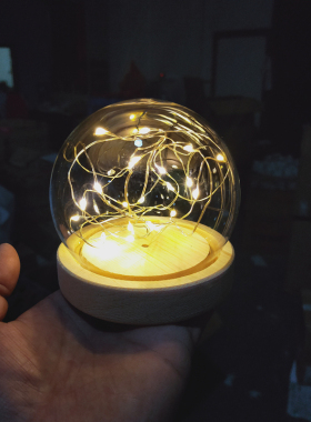 圆球形玻璃罩手办积木永生花防尘罩七彩暖白发光底座小夜灯水晶球