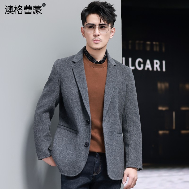 秋冬新款羊绒西服男士短款修身羊毛呢子小西装商务休闲双面呢外套
