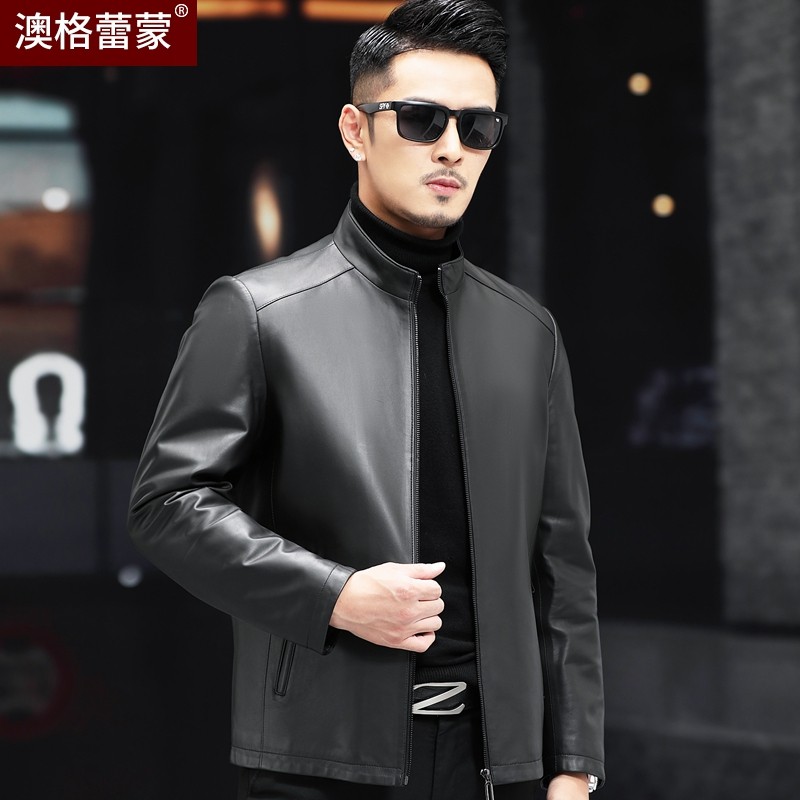海宁真皮皮衣男绵羊皮短款立领机车皮夹克商务休闲加绒加厚外套冬