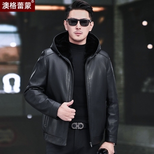 海宁真皮皮衣男山羊皮连帽皮夹克加厚保暖水貂毛内胆皮毛一体外套