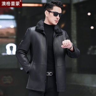 海宁真皮羽绒服男中长款绵羊皮真皮皮衣水貂翻领鹅绒内胆皮夹克冬
