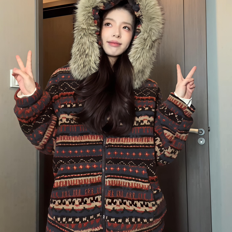 法式费尔岛提花毛领外套女款冬季加厚高级感保暖慵懒宽松加绒上衣