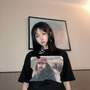 圆领宽松半袖 19ss T恤女阿甘人物印花tee情侣装 LIFE短袖 夏 PALACE