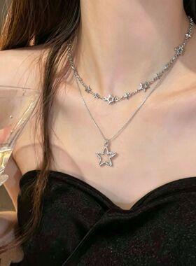 韩系辣妹甜酷风双层五角星小众ins风镂空星星项链女锁骨链配饰品