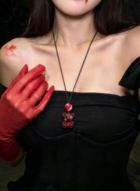 做旧破碎感补丁小熊长项链万圣节亚文化小众可调节皮绳女毛衣链