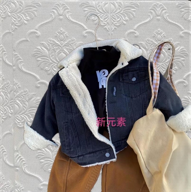 新元素中大童冬款男女童复古 加厚羊羔毛牛仔衣 加绒外套夹克棉衣