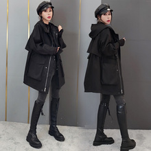 欧洲站2019秋新款女装欧货宽松收腰口袋中长款韩版连帽风衣外套潮