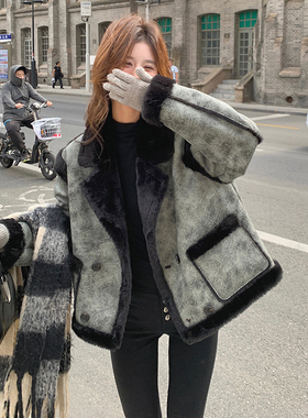 法式西装领皮毛一体女冬季羊羔毛短外套加绒机车棉服6077P195K278