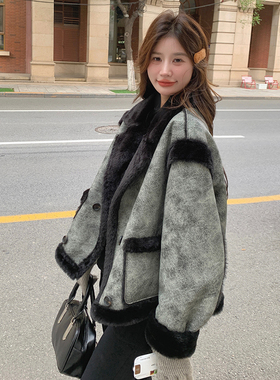 法式西装领皮毛一体女冬季羊羔毛短外套加绒机车棉服6077P195K278