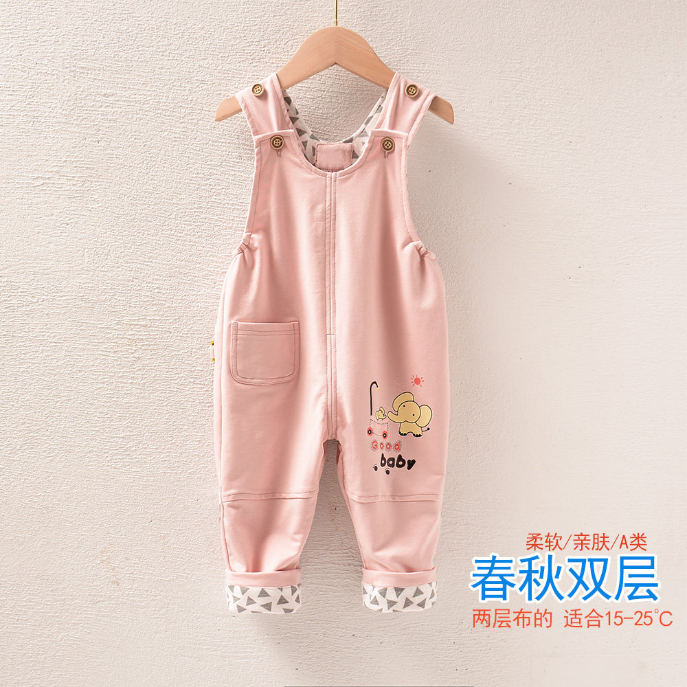 婴儿裤子春秋外穿针织双层0一3岁纯棉男女小童长裤洋气宝宝背带裤