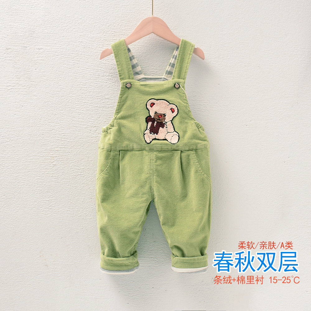 宝宝背带裤春秋女0一3岁儿童新款婴儿条绒双层纯棉可开档小童裤子