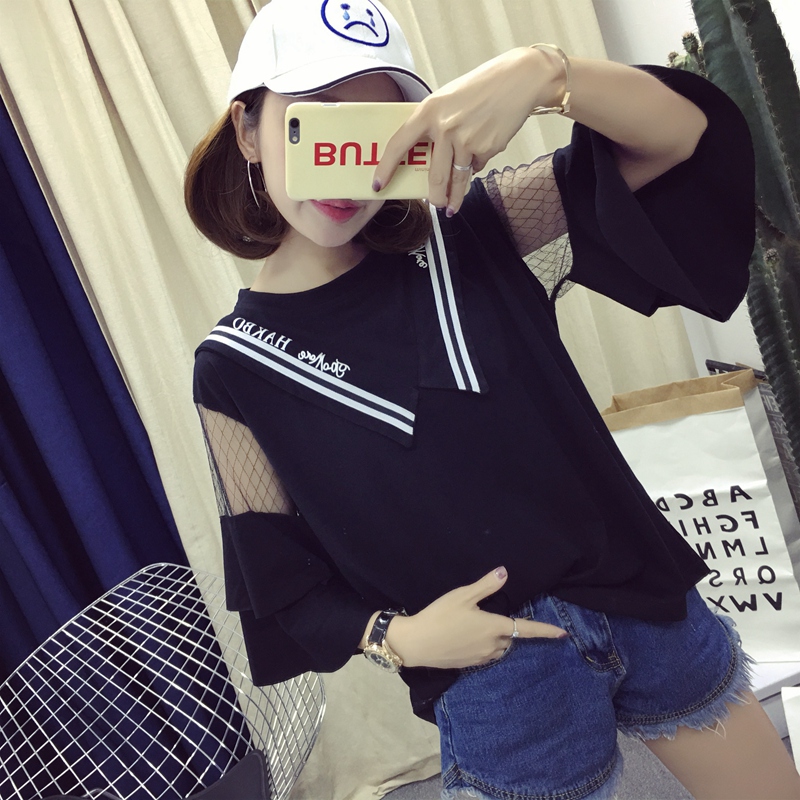 夏季韩版超大码200斤胖mm短袖t恤女装宽松显瘦蕾丝荷叶袖上衣大版