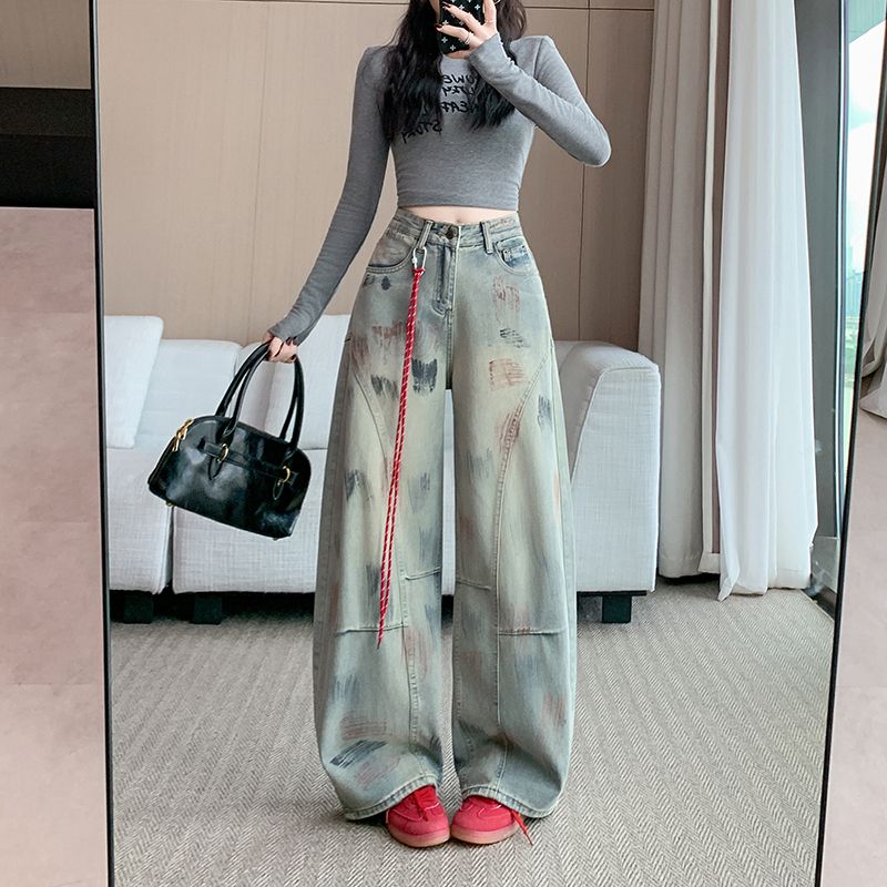 实拍实价~水洗脏染牛仔裤女秋季新款高腰宽松设计感阔腿弯刀长裤