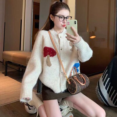 蘑菇毛衣外套女2025新款早秋爆款软糯慵懒小个子针织开衫宽松上衣