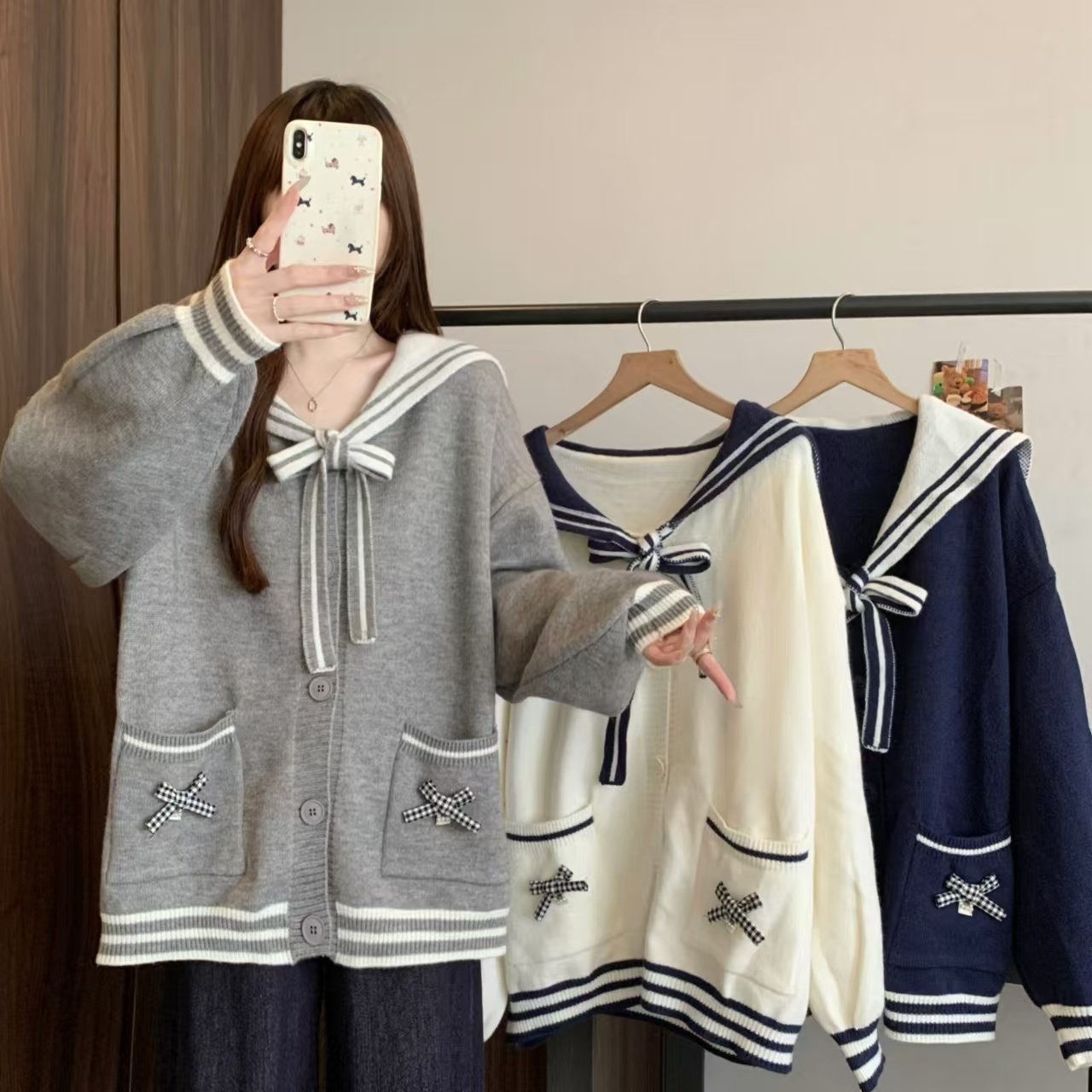 实拍海军领宽松外穿毛衣外套女装秋冬外穿慵懒学院风甜美减龄开衫,女装/女士精品,大码内搭,淘宝优惠券,粉丝福利购,淘宝优惠卷