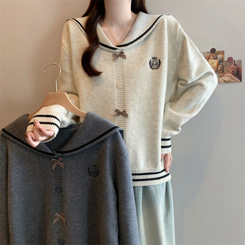 大码女装25秋冬新款胖MM甜美复古学院风海军领条纹边宽松套头毛衣,女装/女士精品,大码内搭,淘宝优惠券,粉丝福利购,淘宝优惠卷