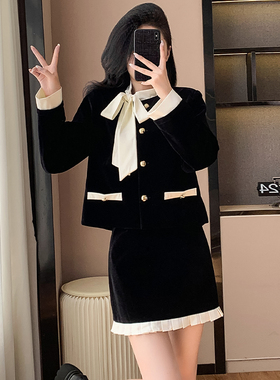 实拍法式赫本风丝绒套装裙女蝴蝶结小香风黑色外套