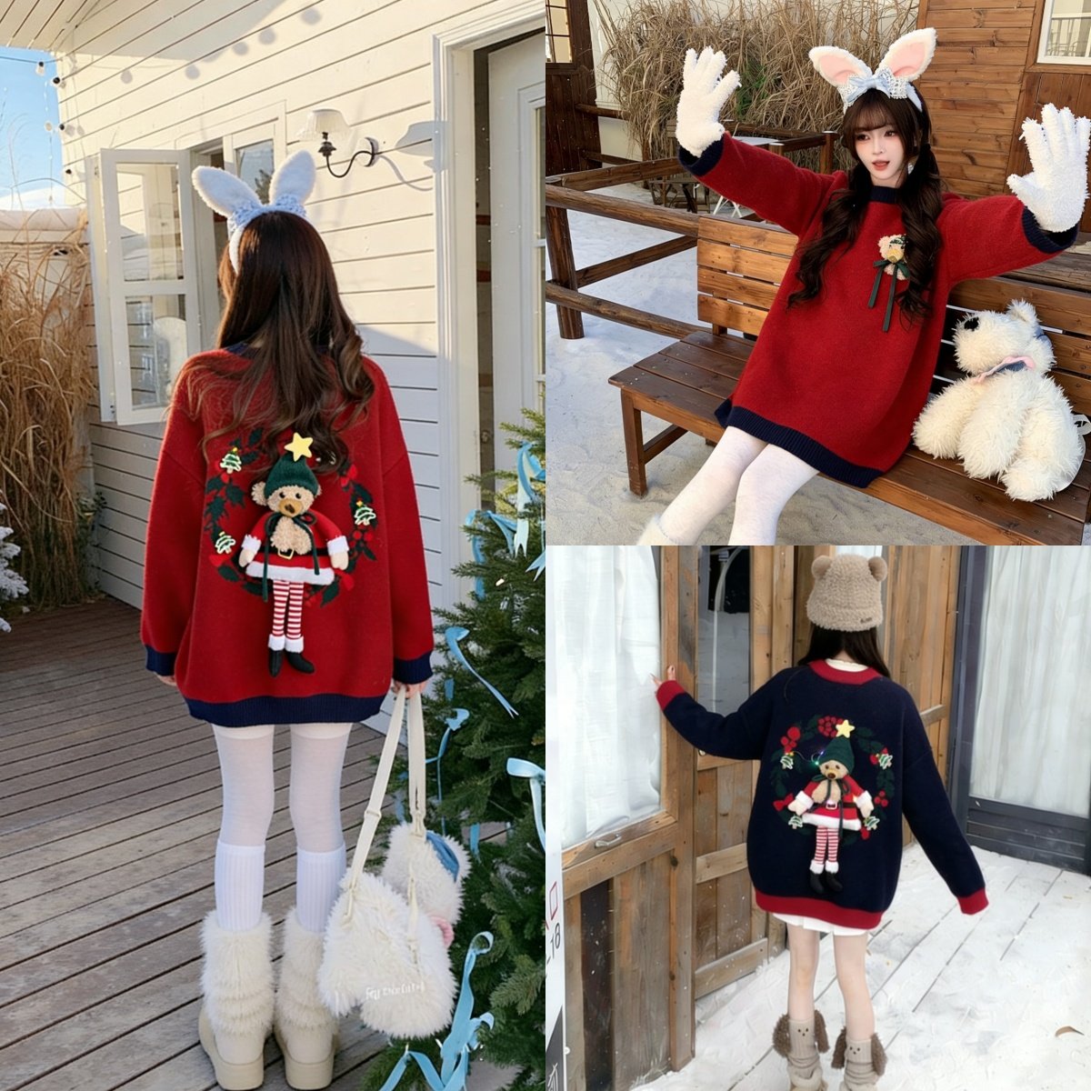 圣诞风红色小熊毛衣女2025新款冬季重工设计高级感慵懒复古针织衫,女装/女士精品,大码内搭,淘宝优惠券,粉丝福利购,淘宝优惠卷