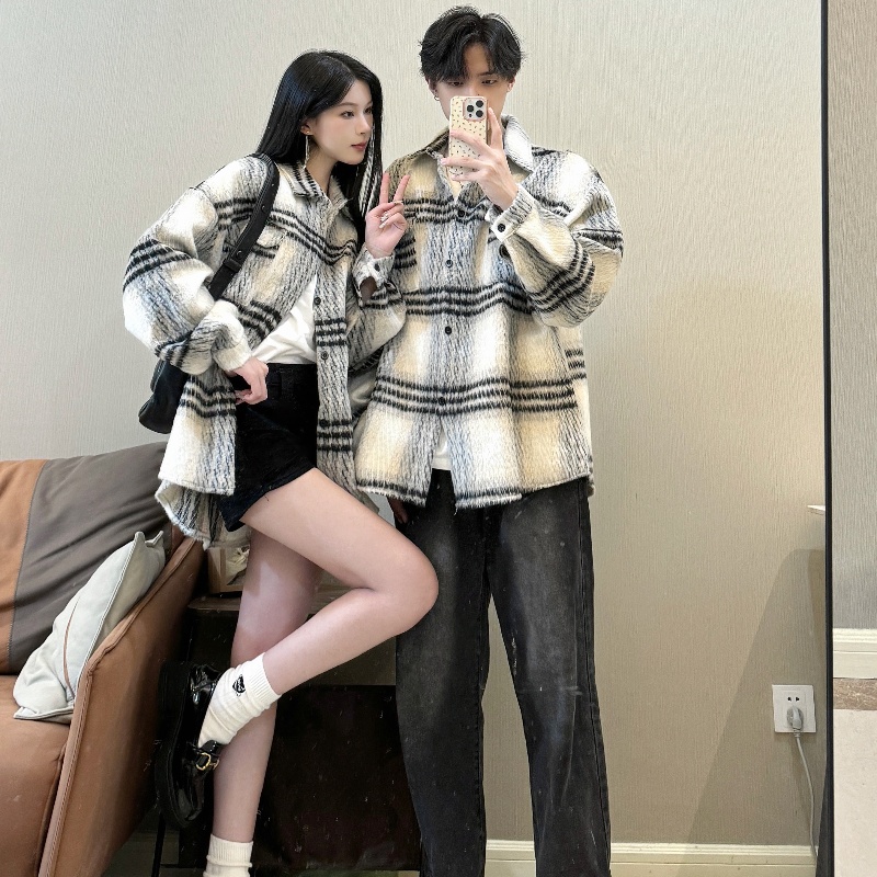 实拍情侣装加厚小香风外套冬季毛呢绒格纹高级感工装夹克