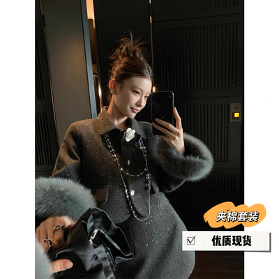 1302LAB 新年战袍千金风狐狸毛细闪山茶花小香外套半身裙精致套装