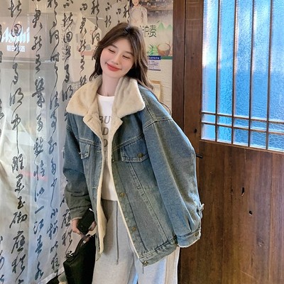 加绒加厚牛仔羊羔毛外套女2025冬季新款爆款皮毛一体短款派克棉服