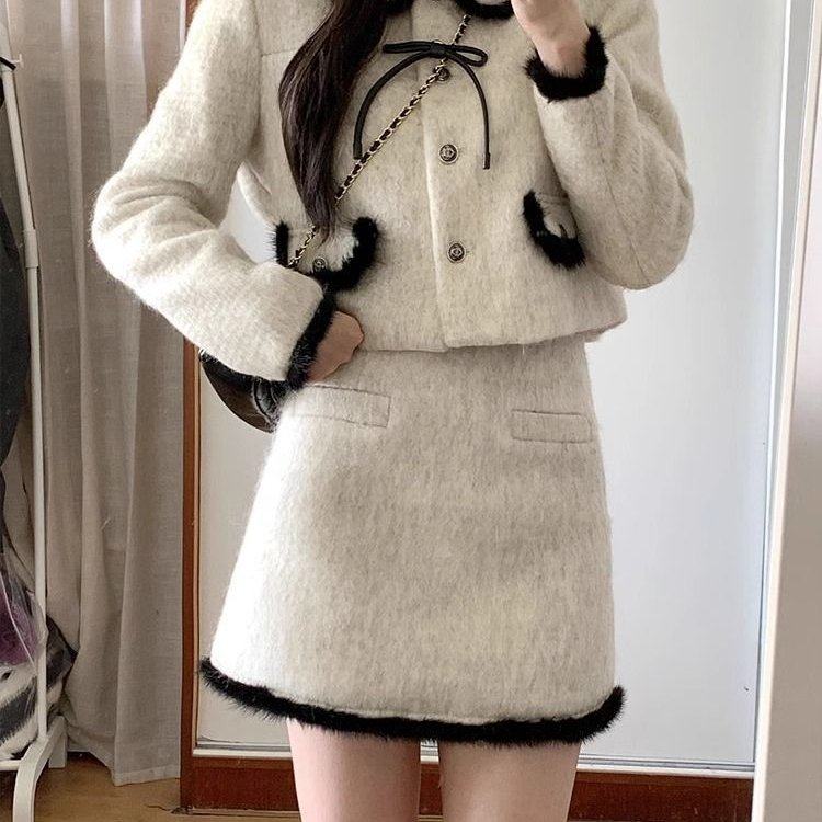 今年流行漂亮套装裙撞色毛呢外套半身裙两件套深冬装搭配一整套女,女装/女士精品,时尚套装,淘宝优惠券,粉丝福利购,淘宝优惠卷