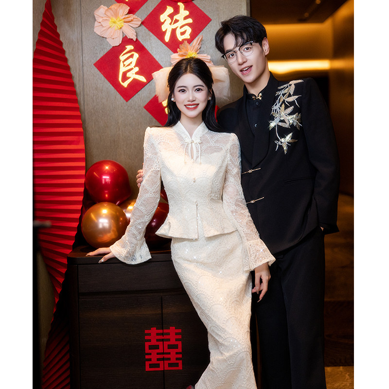 2025敬酒服订婚礼服回门便装小个子小香风两件套连衣裙长袖裙子
