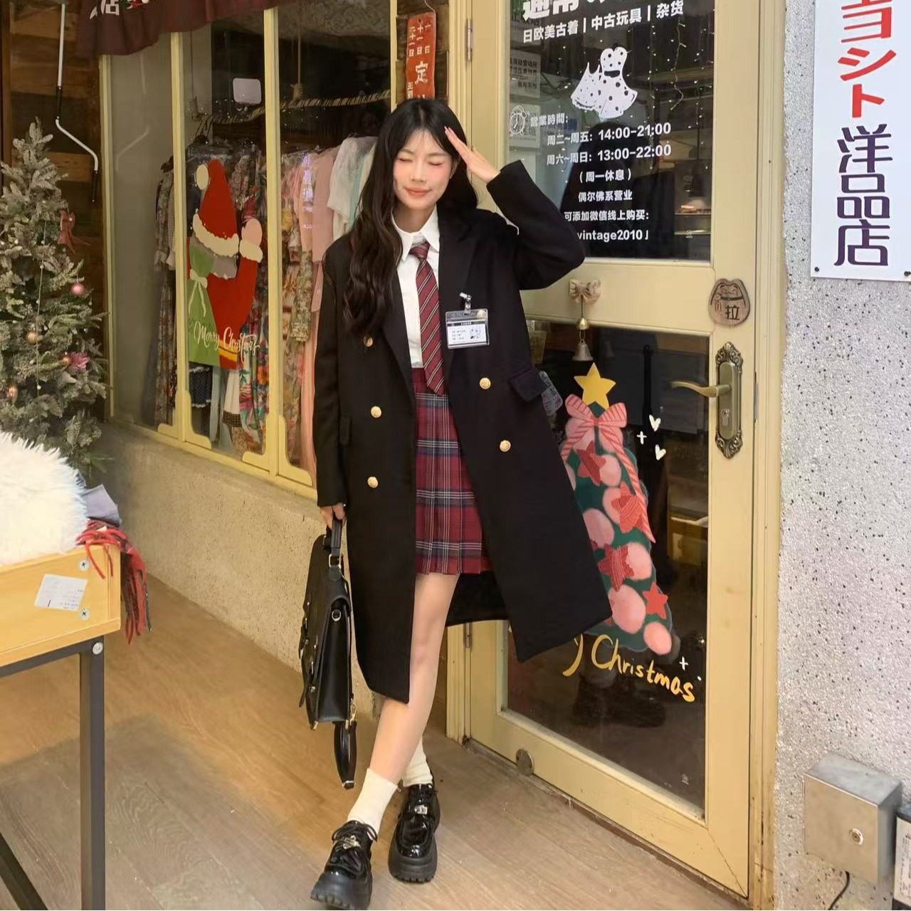 实拍 中长款夹棉呢子大衣女加厚夹棉秋冬学院风jk制服韩系