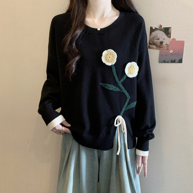 实拍大码女装黑色开叉毛衣慵懒高级感立体花朵宽松显瘦针织衫上衣,女装/女士精品,大码内搭,淘宝优惠券,粉丝福利购,淘宝优惠卷