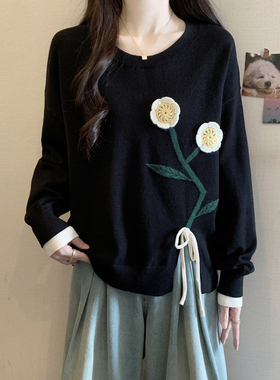 实拍大码女装黑色开叉毛衣慵懒高级感立体花朵宽松显瘦针织衫上衣