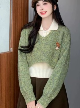 2025法式复古毛衣套装女冬季polo领背心绿色针织衫两件套