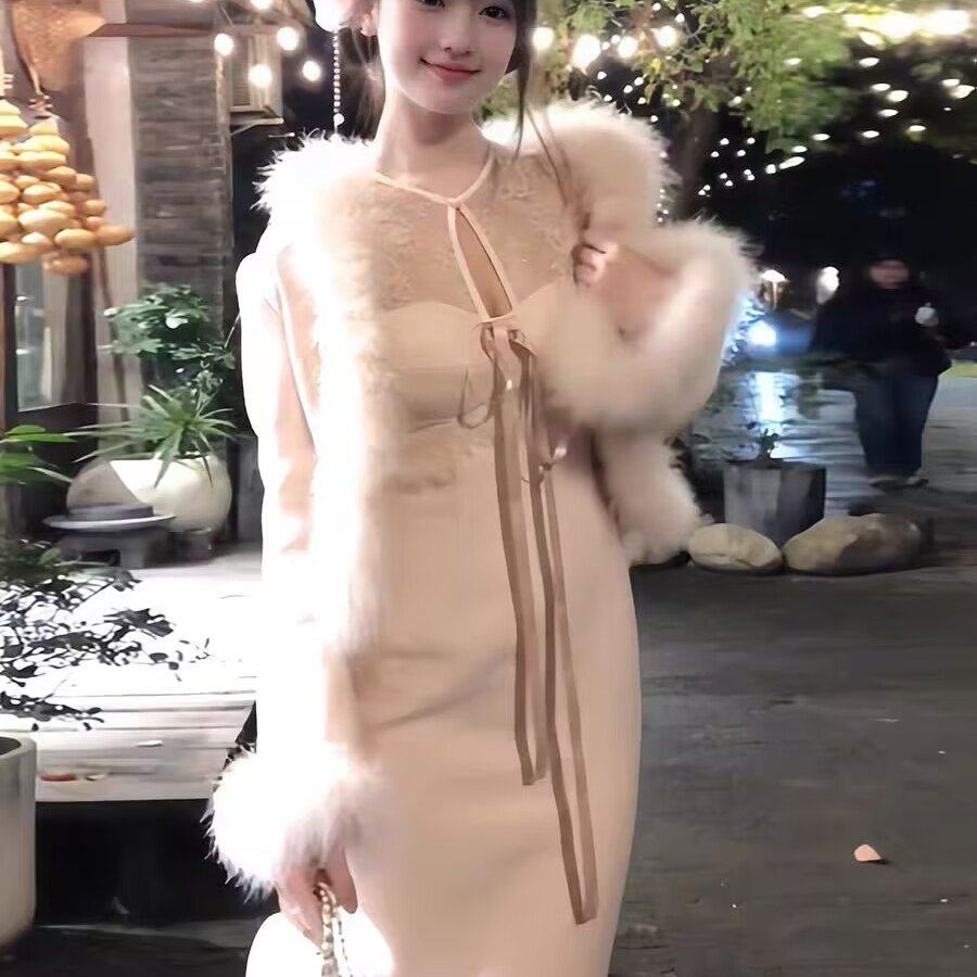 2025冬天穿搭套装富家千金温柔粉色蕾丝连衣裙外搭毛毛外套两件套,女装/女士精品,时尚套装,淘宝优惠券,粉丝福利购,淘宝优惠卷