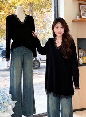 大码女装黑色蕾丝V领针织衫女秋冬宽松显瘦中长款遮肉长袖上衣