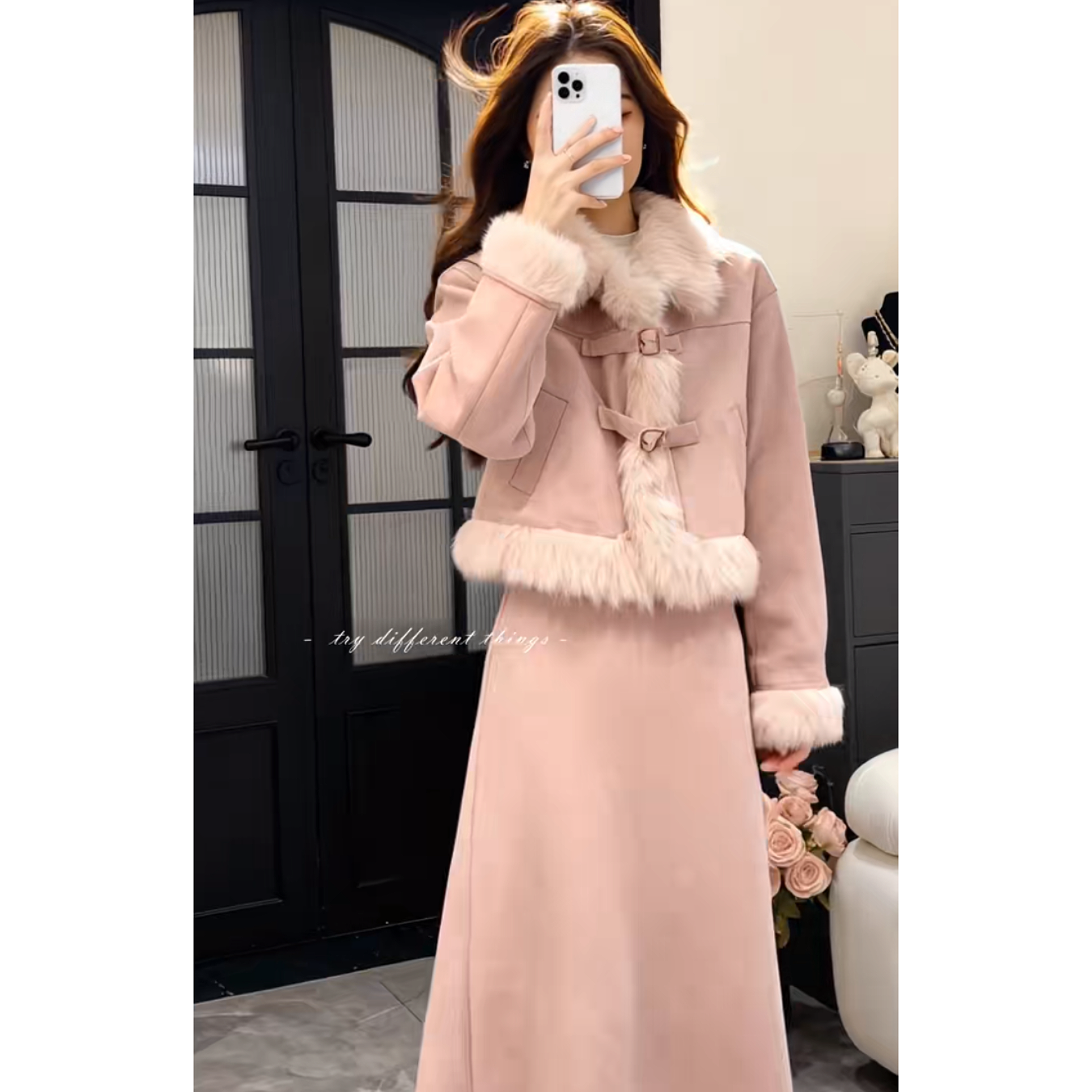 奶呼呼韩系减龄粉色皮绒套装裙秋冬新款保暖毛毛半身裙两件套