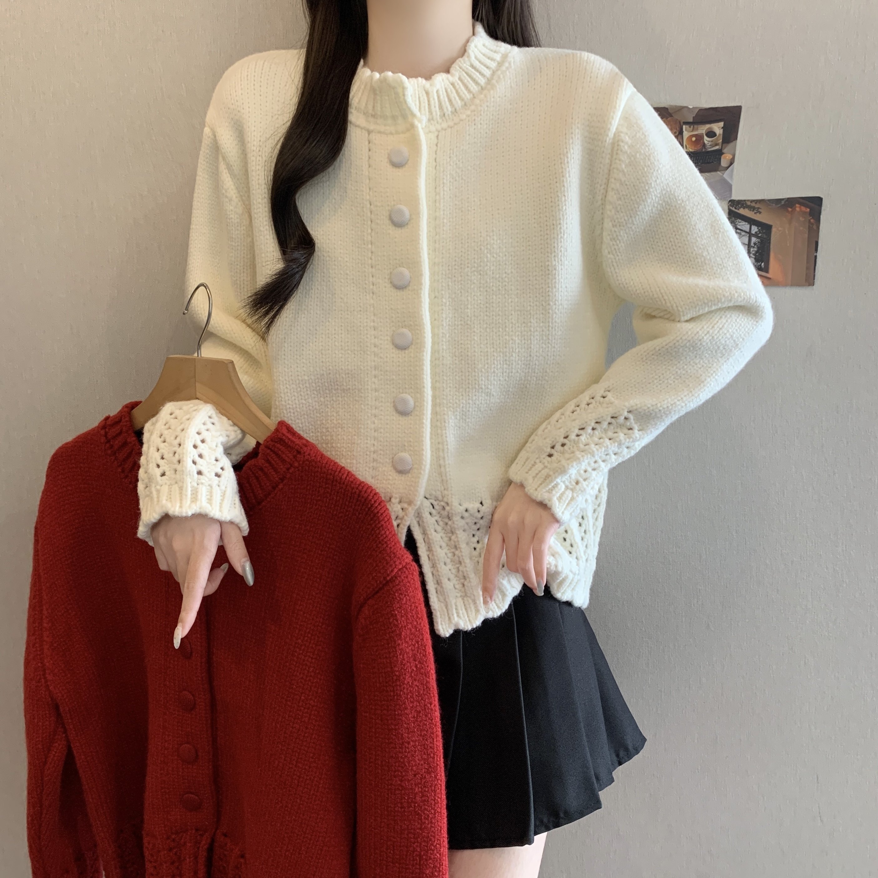洋气减龄纯色钩花针织开衫女秋冬新款款宽松韩系温柔百搭毛衣外套,女装/女士精品,大码内搭,淘宝优惠券,粉丝福利购,淘宝优惠卷