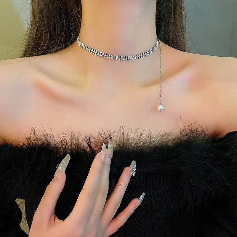 轻奢小众网红同款甜酷辣妹风珍珠项链女ins潮百搭气质满钻锁骨链