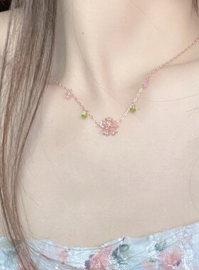 s925银夏日甜美樱花花朵吊坠项链女小众设计个性高级感气质锁骨链