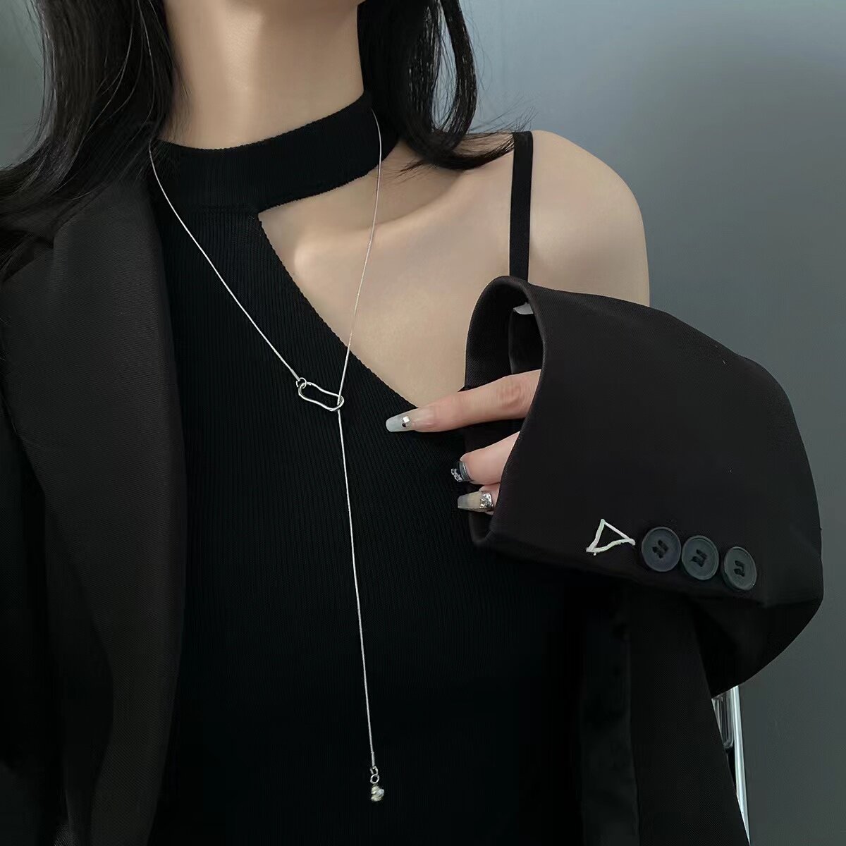 冷淡风圆珠ins潮简约百搭小众设计感几何镂空长款链条项链女