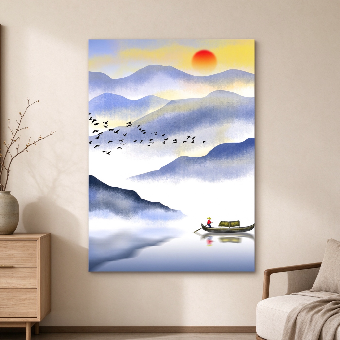 新中式水墨山水装饰画落日孤舟飞鸟意境挂画客厅茶室玄关自粘墙贴